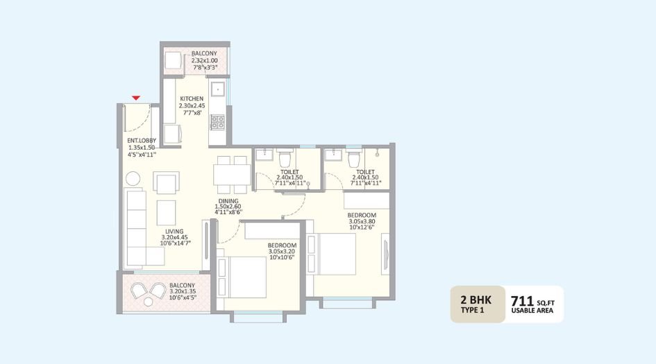 Kolte-Patil-Little-Heart-Floor-Plan-2BHK-711 Sqft